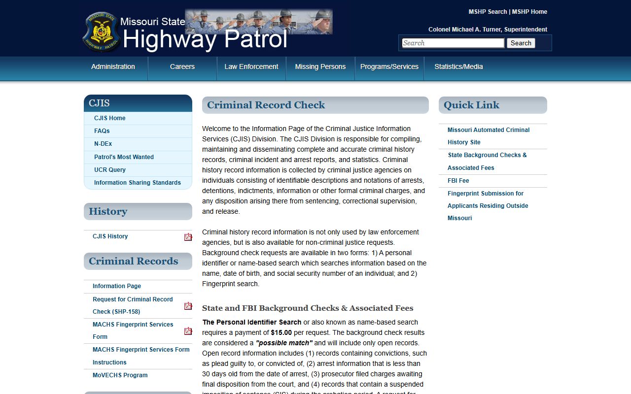 Marion County criminal court records MSHP criminal record check page