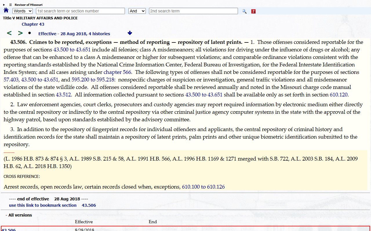 Marion County criminal court records Missouri criminal history reporting statute