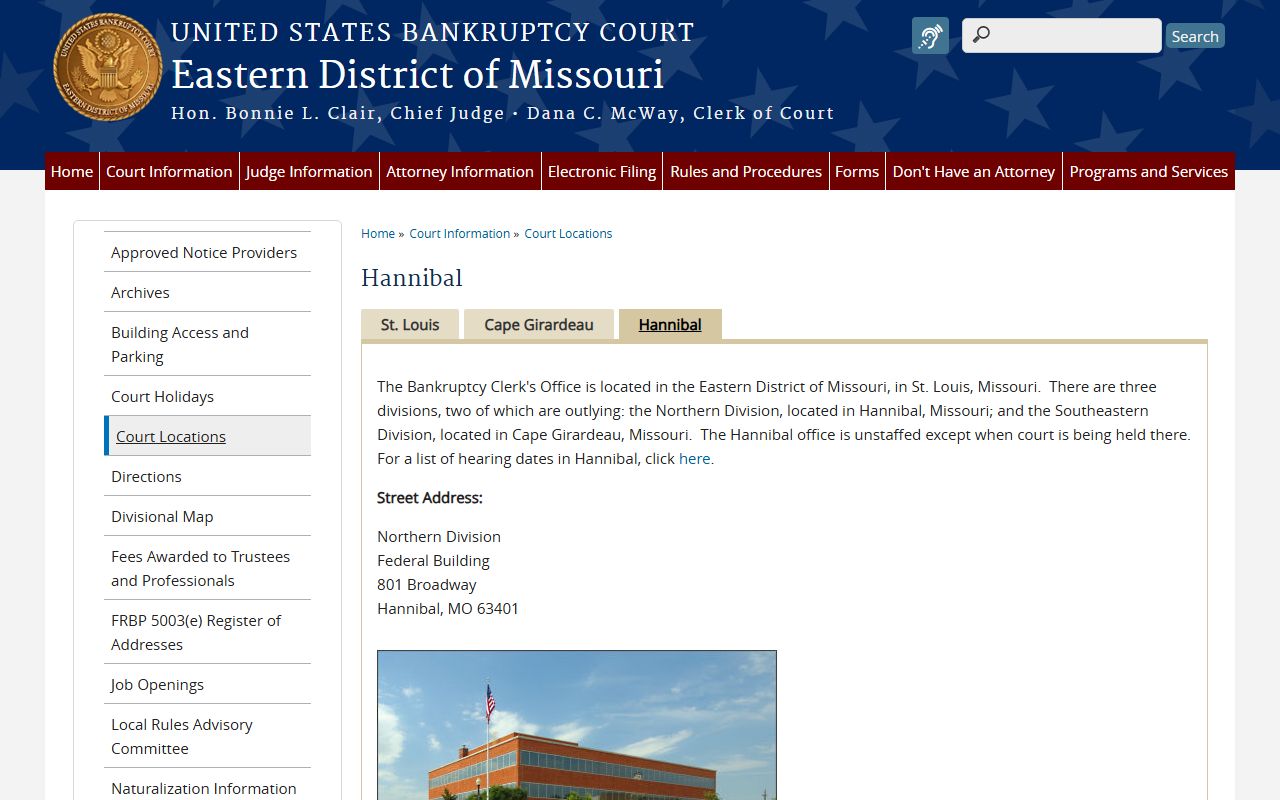 Marion County Circuit Court page showing separate Hannibal bankruptcy court location