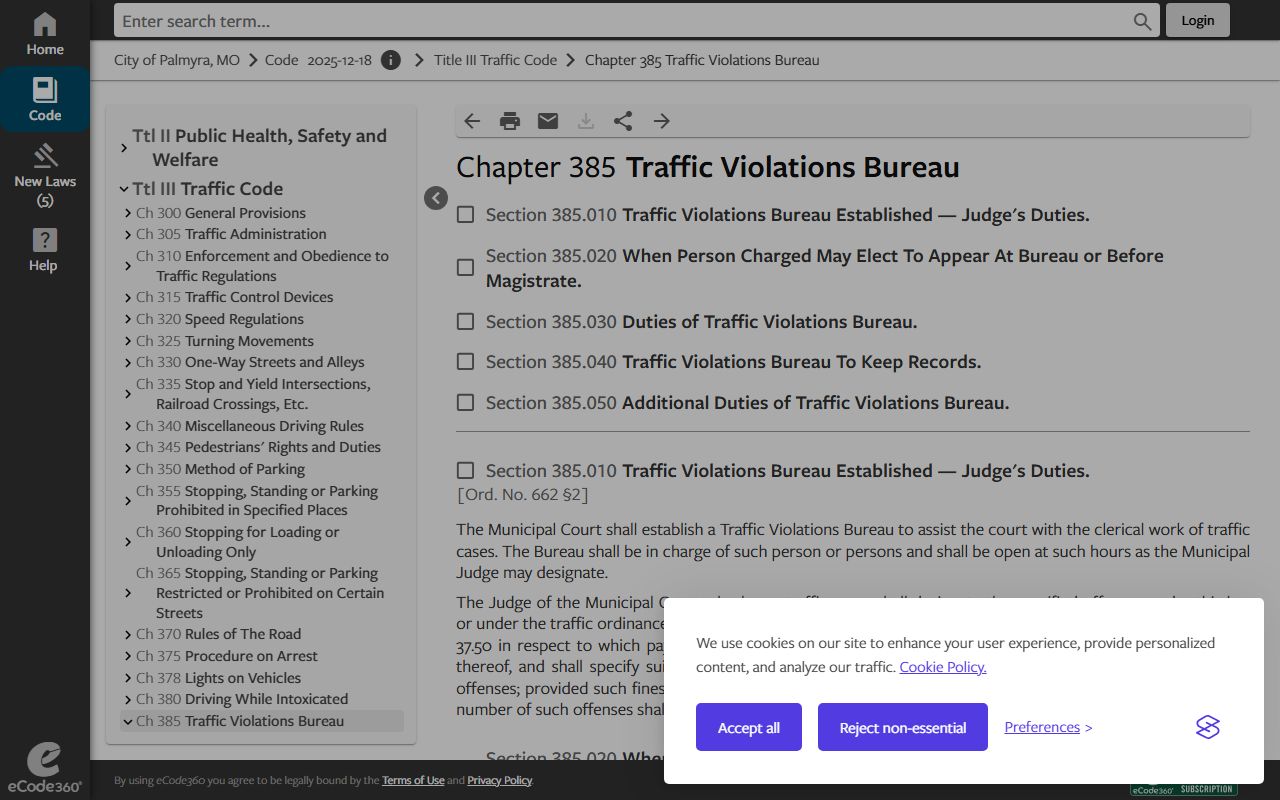 Marion County traffic court records Palmyra Traffic Violations Bureau ordinance