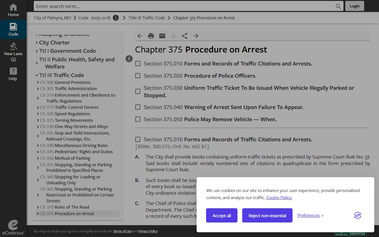 Marion County traffic court records Palmyra arrest and citation procedure ordinance