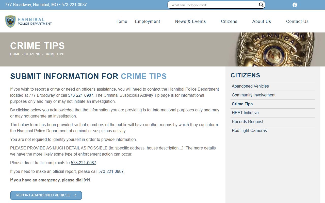 Marion County warrant search Hannibal Police crime tips page
